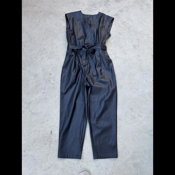 INC International Black Faux Leather Jumpsuit Overalls Sz l Large Womens - Picture 1 of 9